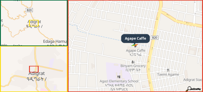 Map showing the address of Agape Caffe in three different zoom levels.