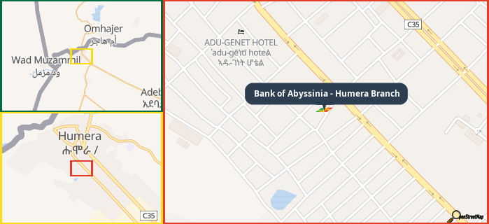 Map showing the address of Bank of Abyssinia - Humera Branch in three different zoom levels.