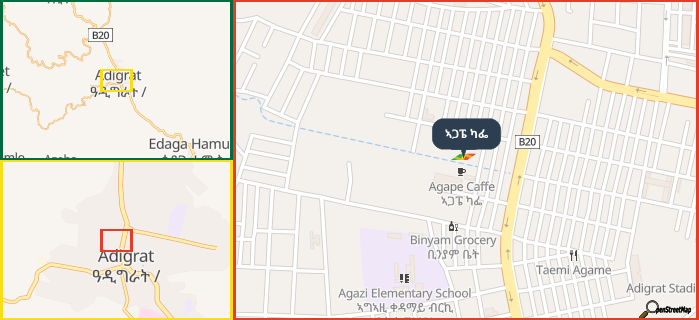 Map showing the address of ኣጋፔ ካፌ in three different zoom levels.