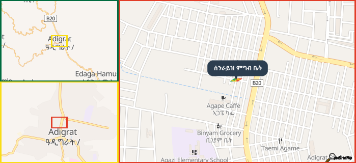 Map showing the address of ሰንራይዝ ምግብ ቤት in three different zoom levels.