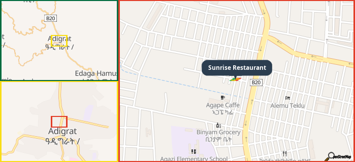 Map showing the address of Sunrise Restaurant in three different zoom levels.