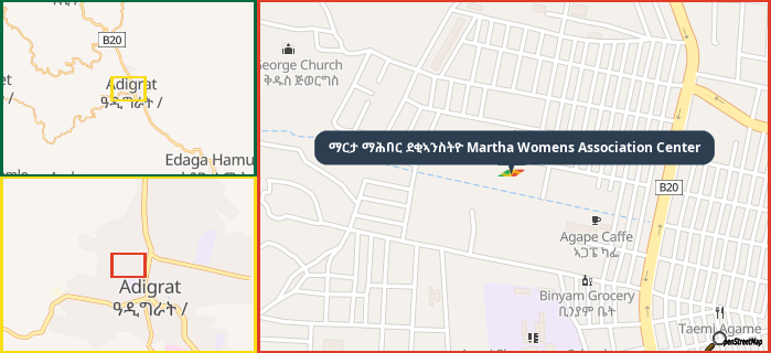 Map showing the address of ማርታ ማሕበር ደቂኣንስትዮ Martha Womens Association Center in three different zoom levels.