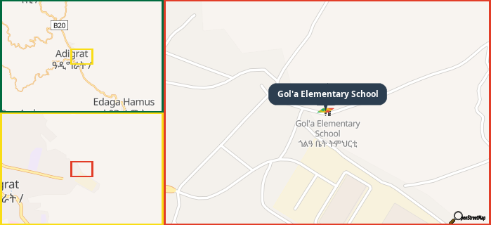 Map showing the address of Gol'a Elementary School in three different zoom levels.