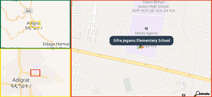 Map showing the address of Sifra Jeganu Elementary School in three different zoom levels.