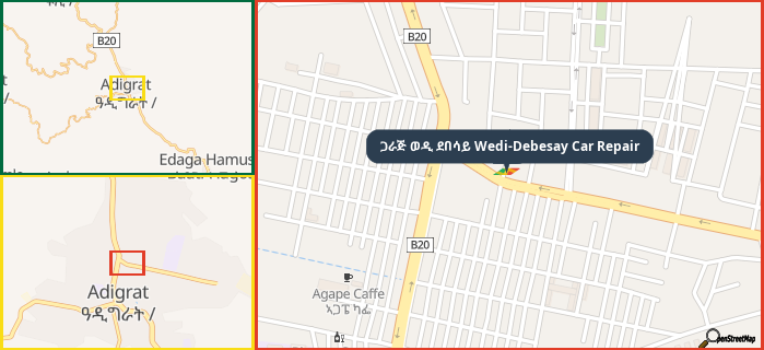 Map showing the address of ጋራጅ ወዲ ደበሳይ Wedi-Debesay Car Repair in three different zoom levels.