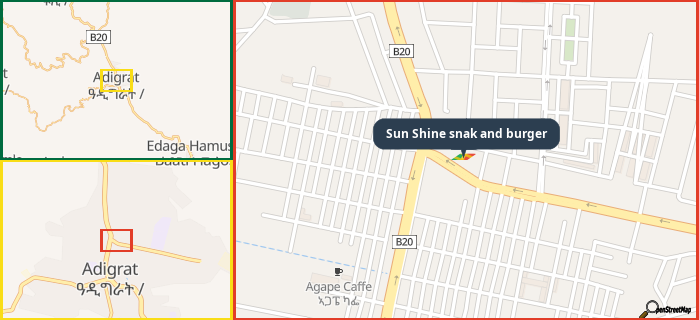 Map showing the address of Sun Shine snak and burger in three different zoom levels.