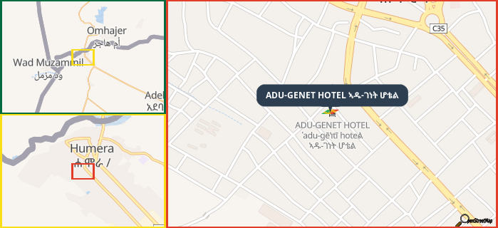 Map showing the address of ADU-GENET HOTEL ኣዱ-ገነት ሆቴል in three different zoom levels.