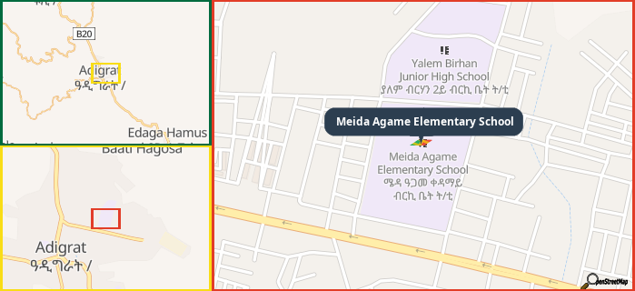 Map showing the address of Meida Agame Elementary School in three different zoom levels.
