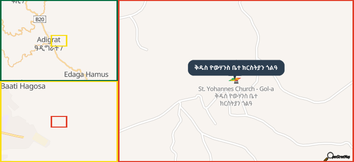 Map showing the address of ቅዱስ ዮውሃንስ ቤተ ክርስትያን ጎልዓ in three different zoom levels.