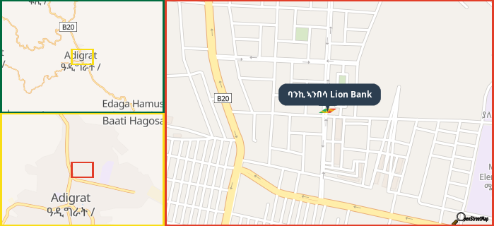 Map showing the address of ባንኪ ኣንበሳ Lion Bank in three different zoom levels.