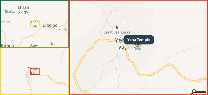 Map showing the address of Yeha Temple in three different zoom levels.