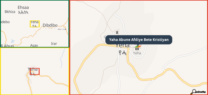 Map showing the address of Yaha Abune Afdiye Bete Kristiyan in three different zoom levels.