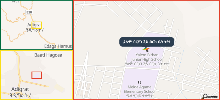 Map showing the address of ያለም ብርሃን 2ይ ብርኪ ቤት ት/ቲ in three different zoom levels.