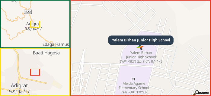 Map showing the address of Yalem Birhan Junior High School in three different zoom levels.