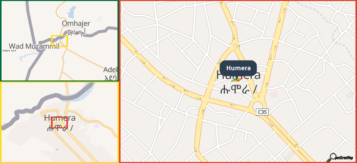 Map showing the address of Humera in three different zoom levels.