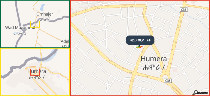 Map showing the address of ዓይጋ ቁርስ ቤት in three different zoom levels.