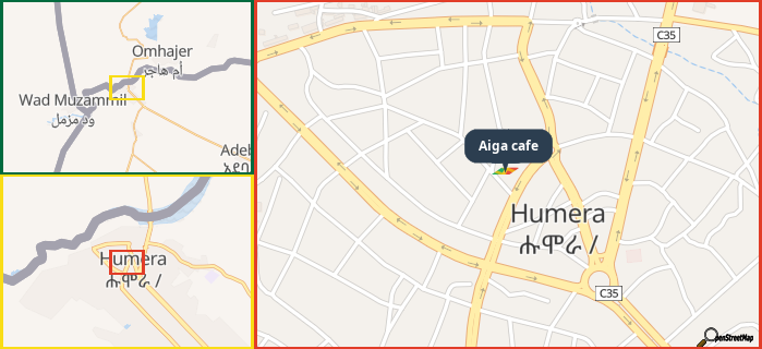 Map showing the address of Aiga cafe in three different zoom levels.