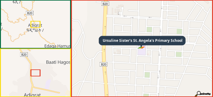 Map showing the address of Ursuline Sister's St. Angela's Primary School in three different zoom levels.