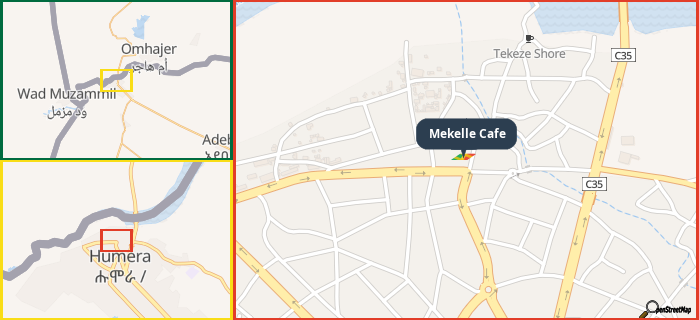 Map showing the address of Mekelle Cafe in three different zoom levels.