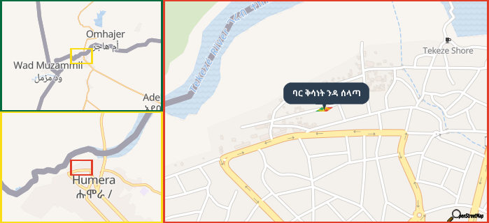 Map showing the address of ባር ቅሳነት ንዳ ሰላጣ in three different zoom levels.