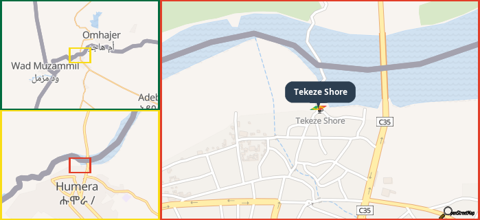 Map showing the address of Tekeze Shore in three different zoom levels.