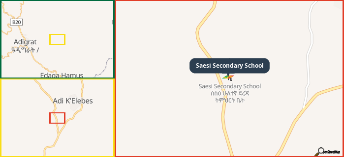 Map showing the address of Saesi Secondary School in three different zoom levels.