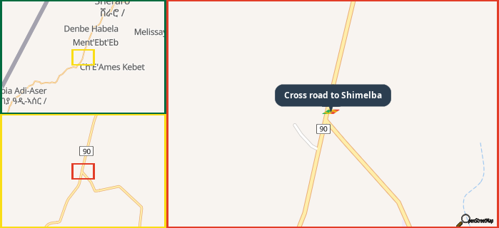 Map showing the address of Cross road to Shimelba in three different zoom levels.
