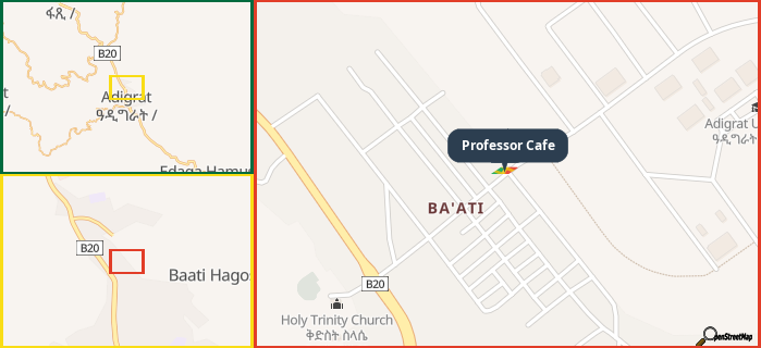 Map showing the address of Professor Cafe in three different zoom levels.