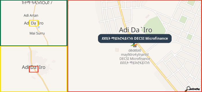 Map showing the address of ደደቢት ማይክሮፋይናንስ DECSI Microfinance in three different zoom levels.