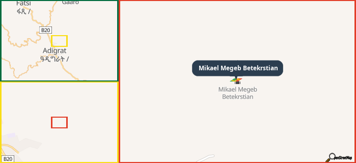 Map showing the address of Mikael Megeb Betekrstian in three different zoom levels.