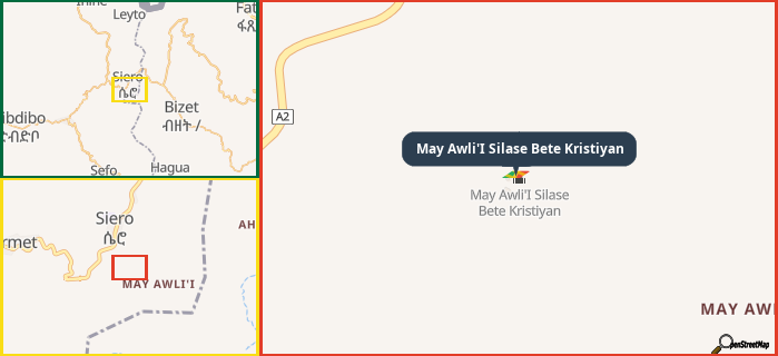 Map showing the address of May Awli'I Silase Bete Kristiyan in three different zoom levels.