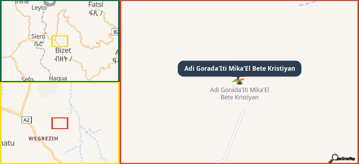 Map showing the address of Adi Gorada'Iti Mika'El Bete Kristiyan in three different zoom levels.