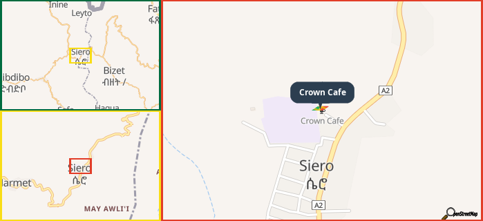Map showing the address of Crown Cafe in three different zoom levels.