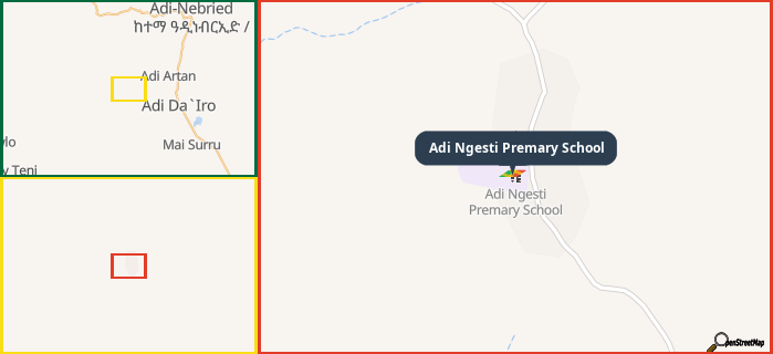 Map showing the address of Adi Ngesti Premary School in three different zoom levels.