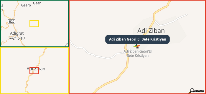 Map showing the address of Adi Ziban Gebri'El Bete Kristiyan in three different zoom levels.