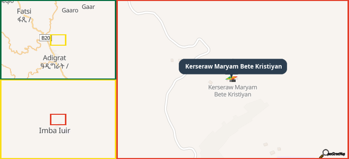 Map showing the address of Kerseraw Maryam Bete Kristiyan in three different zoom levels.