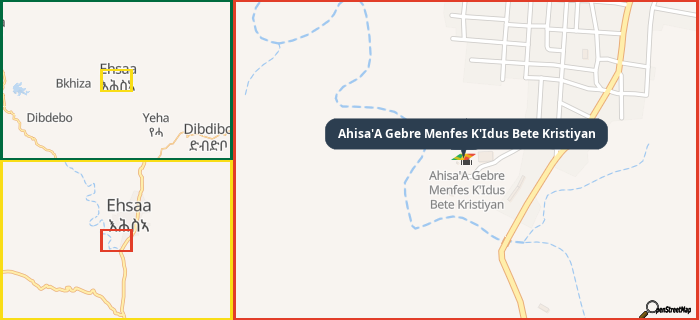 Map showing the address of Ahisa'A Gebre Menfes K'Idus Bete Kristiyan in three different zoom levels.