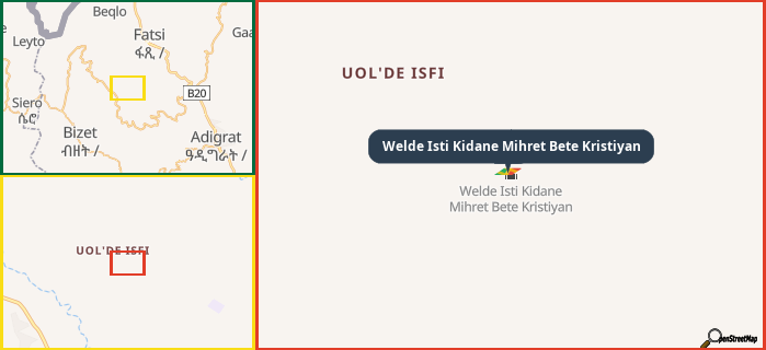 Map showing the address of Welde Isti Kidane Mihret Bete Kristiyan in three different zoom levels.