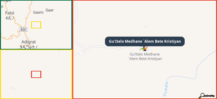 Map showing the address of Gu'Itelo Medhane `Alem Bete Kristiyan in three different zoom levels.