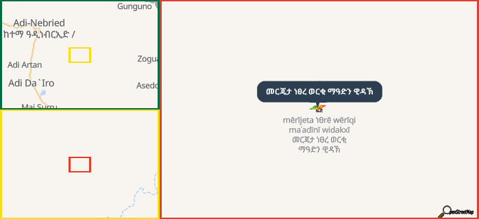 Map showing the address of መርጄታ ነፀረ ወርቂ ማዓድን ዊዳኽ in three different zoom levels.