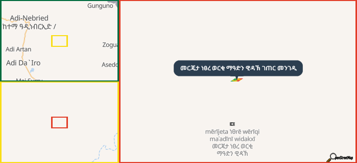 Map showing the address of መርጄታ ነፀረ ወርቂ ማዓድን ዊዳኽ ገጠር መንገዲ in three different zoom levels.
