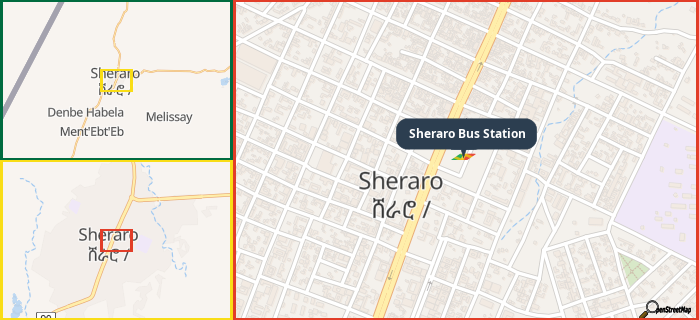 Map showing the address of Sheraro Bus Station in three different zoom levels.
