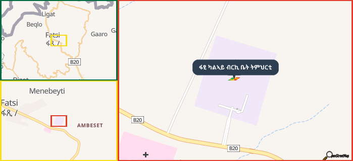 Map showing the address of ፋፂ ካልኣይ ብርኪ ቤት ትምህርቲ in three different zoom levels.