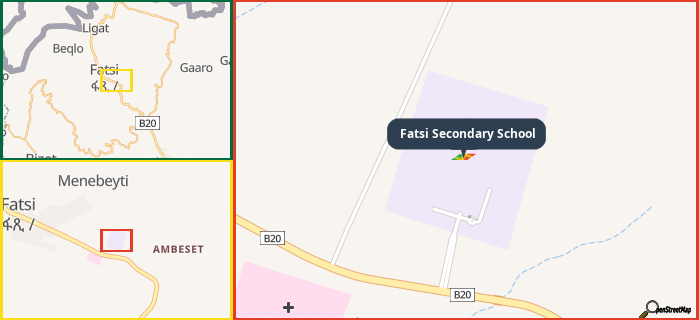 Map showing the address of Fatsi Secondary School in three different zoom levels.