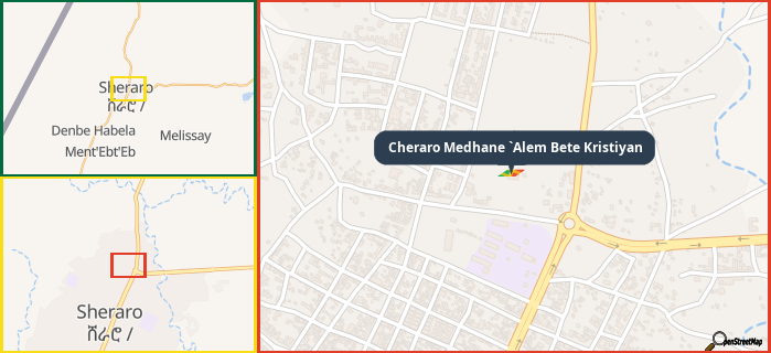 Map showing the address of Cheraro Medhane `Alem Bete Kristiyan in three different zoom levels.