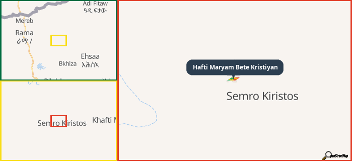 Map showing the address of Hafti Maryam Bete Kristiyan in three different zoom levels.