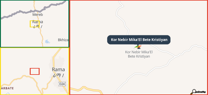 Map showing the address of Kor Nebir Mika'El Bete Kristiyan in three different zoom levels.