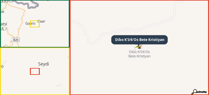 Map showing the address of Dibo K'Irk'Os Bete Kristiyan in three different zoom levels.