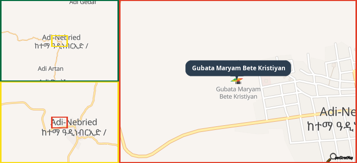 Map showing the address of Gubata Maryam Bete Kristiyan in three different zoom levels.
