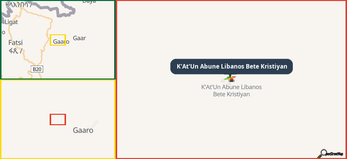 Map showing the address of K'At'Un Abune Libanos Bete Kristiyan in three different zoom levels.